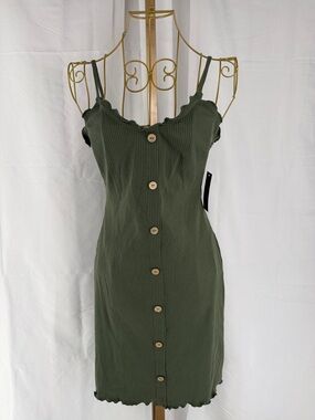 NEW No Boundaries Olive Green Ribbed Faux Button-Front Mini Dress - Small